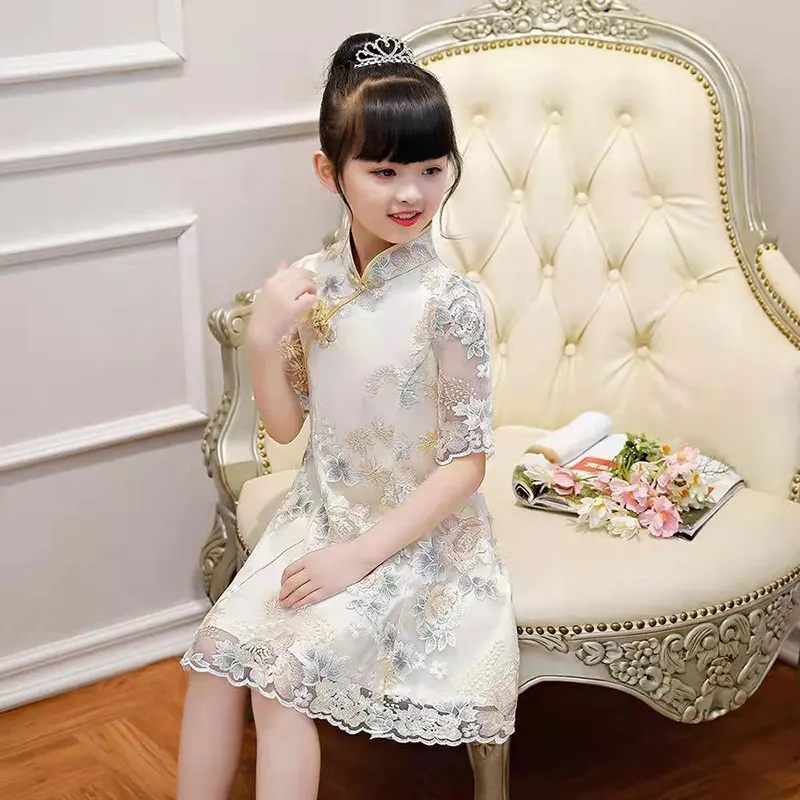 

Kids Girl Cheongsam Dress Summer 2021 Baby Princess Dresses New Teenager Short Sleeve Dress Children Party Clothes