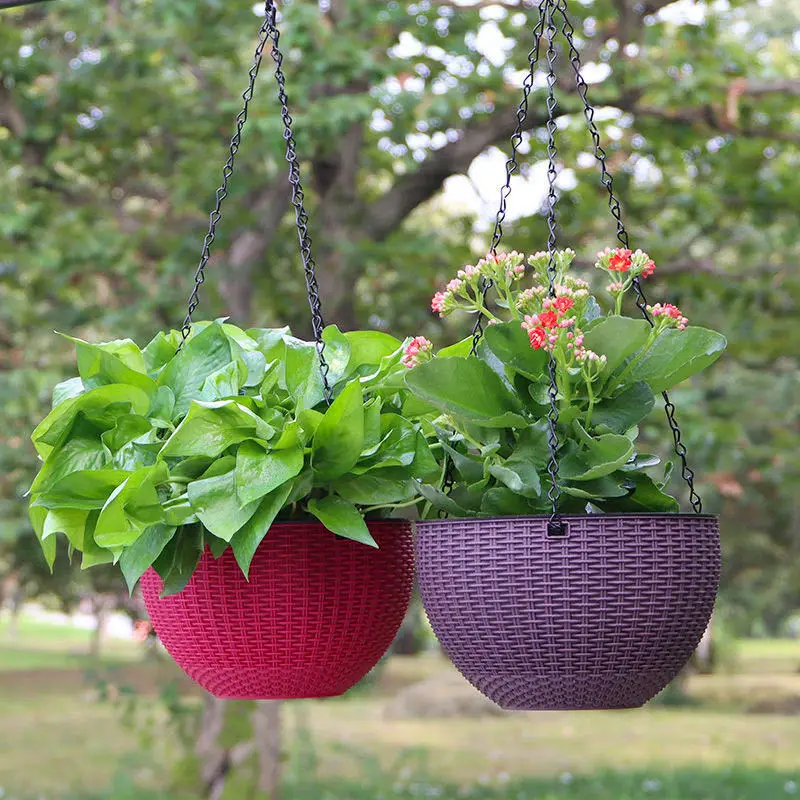 Imitation Rattan Flower Pot Thick Hanging Basket Garden Pot Plastic Round Resin Hanging Basket Garden Planter For Indoor Outdoor