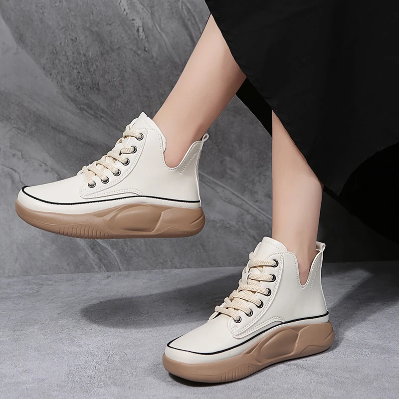 

2022 Autumn New Women Casual Shoes Platform Flat Shoes Sneakers PU Round Head Deep Mouth High Top White Shoes Women's Shoes