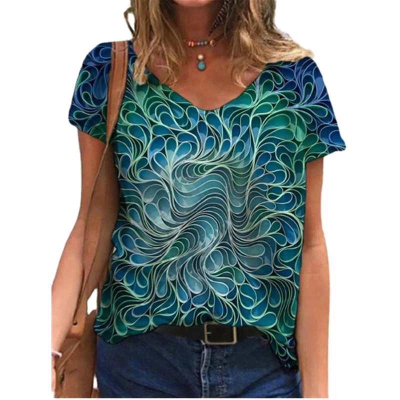 

New Women Summer T Shirt Casual Abstract Painting Print 3XL Plus Size Ladies Short Sleeve Tops Tee Fashion V-Neck Female T Shirt