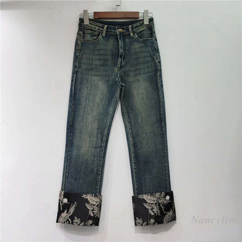 

European Street Fashion Jeans Women 2023 Autumn New Embroidery Stitching High Waist Elastic Straight Jeans Retro Skinny Pants