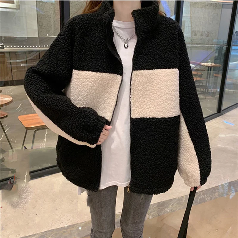 

Autumn Winter New Imitation Lamb Wool Plus Velvet Thickened Cotton Suit Coat Female Loose Stand-up Collar Warm Cotton Coat
