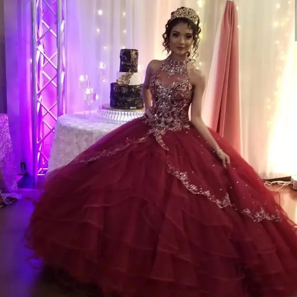

GUXQD Burgundy High-Neck Quinceanera Dresses Vestidos De 15 Anos Fashion Applique Beading Sweet 16 Cinderell Birthday Party Gown