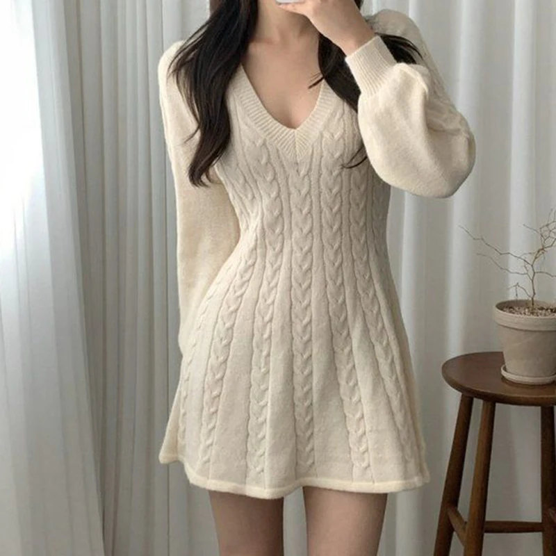 

Autumn Winter Long Sleeve Knitted Dress Women Korean V Neck Sweater Dresses Woman 2023 new Solid Color One-Piece Dress Ladies