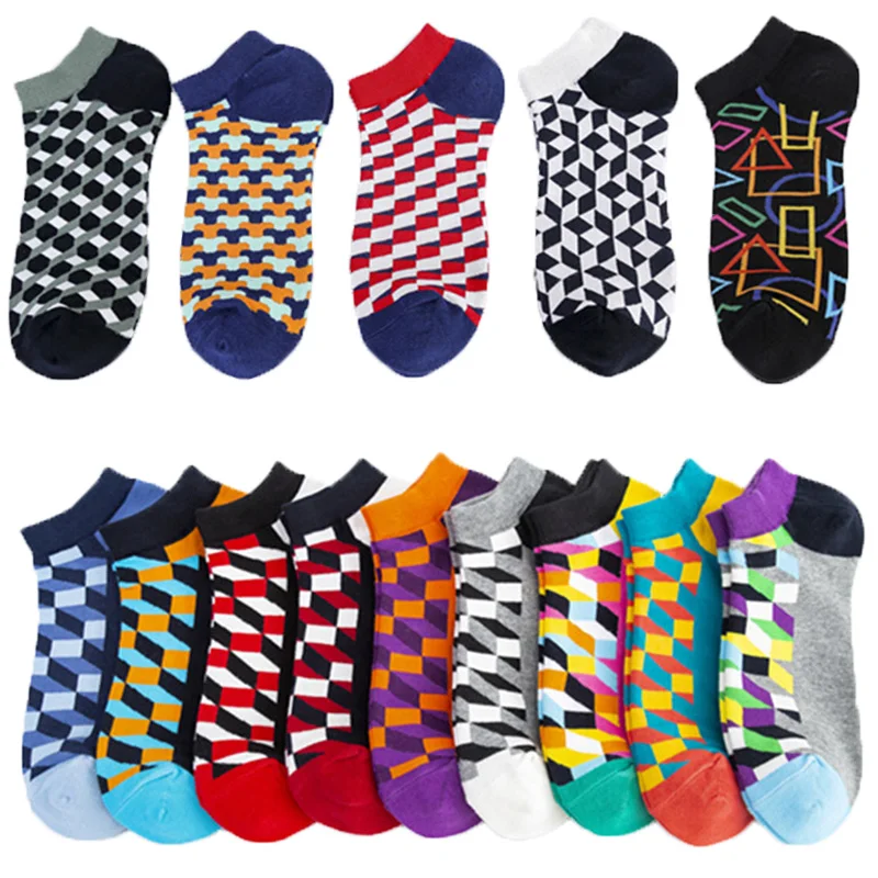 

New Summer Geometric Lattice Men and Women Shallow Mouth Short Socks Pure Cotton Trendy Boat Happy Funny Socks