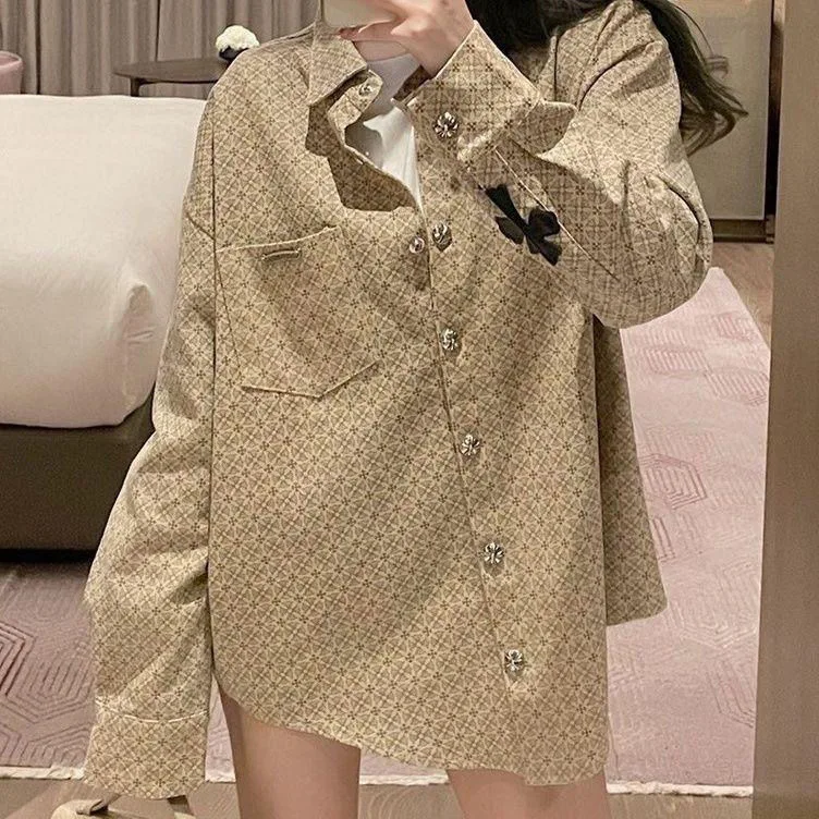 

High Street Tide brand 2023 Summer Casual Loose full print long sleeves Men And Women Couple Large Office Lady embroidery Shirt