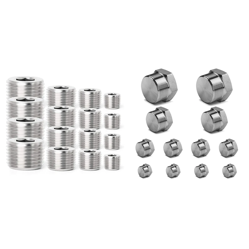 

GTBL 16Pcs Internal Hex Thread Socket Pipe Plug Fitting & 12Pcs 1/8 1/4 3/8 1/2 Inch NPT Male Outer Hex Thread Socket