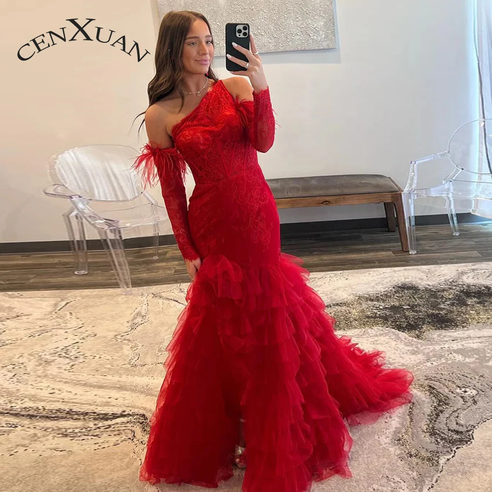 

CENXUAN Attractive Trumpet Party Dresses One-shoulder Feather Detachable Sleeve Lace Appliques Vestido De Noite Personalised