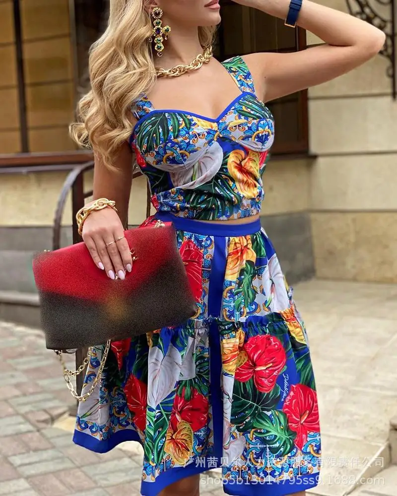 

Sexy Tropical Printing Dress Suspender A-line Skirt Beach Dresses
