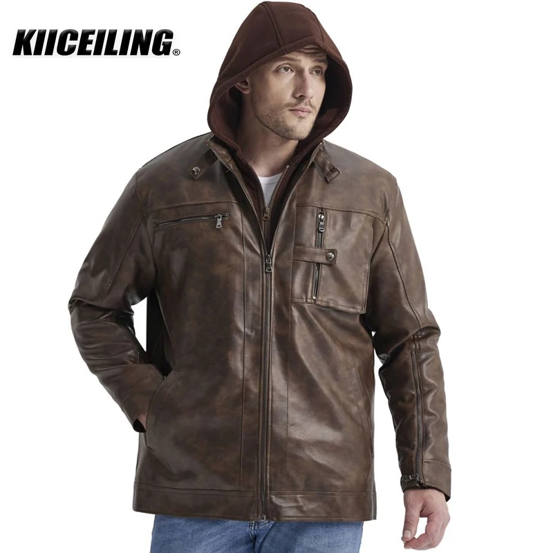 

KIICEILING New Winter Autumn Causal Vintage PU Leather Jacket Coat Men Hooded Outfit Design Motor Biker Pocket Jacket Men Black