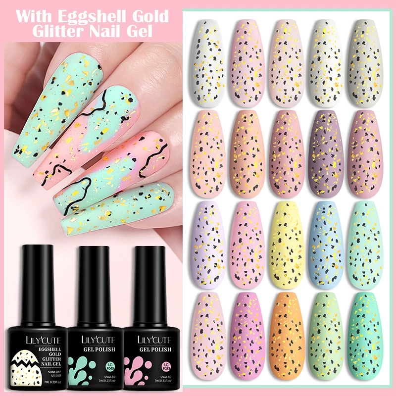 LILYCUTE 7ml  Eggshell Gel Nail Polish Neon Luminous Gold Glitter Quail Egg Effect Top Coat Spring Color Gel Soak Off UV Varnish