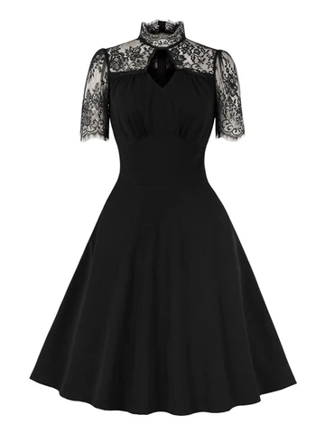 Женское платье с воротником-стойкой Tonval, винтажное Черное вечернее платье с кружевными рукавами и карманами спереди
