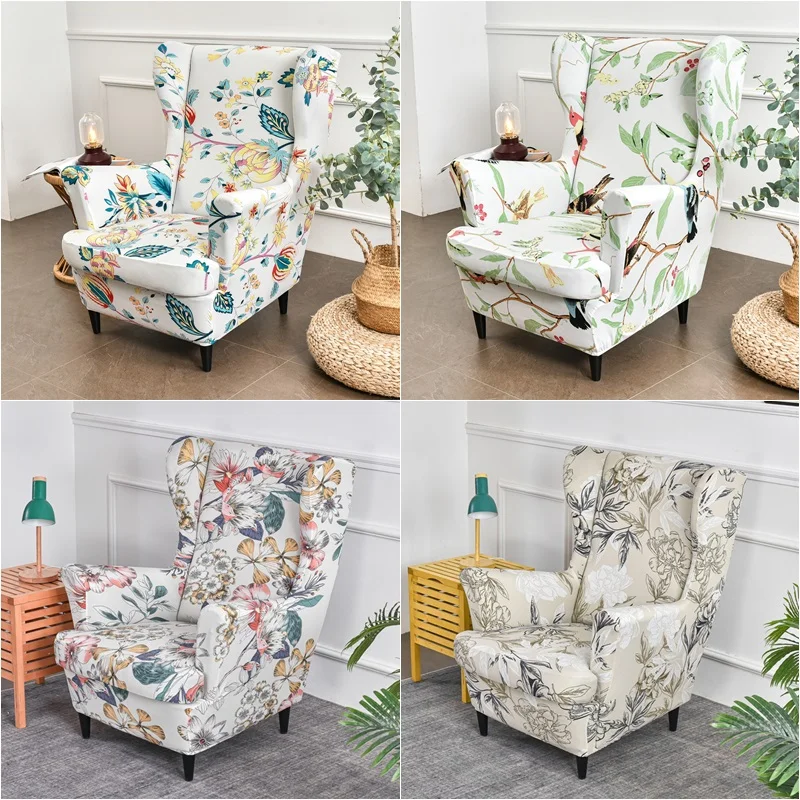 

Stretch Spandex Wing Chair Slipcover Nordic Flowers Armchair Covers Elastic Sofa Slipcovers with Seat Cushion Covers Removable