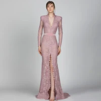 pink elegant exquisite evening dress v neck long sleeves floor length high split with train saudi arabia muslim prom dress