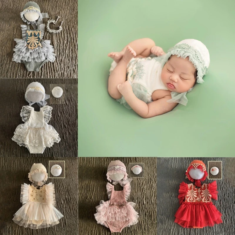 Newborn Baby Lace Dress Photography Prop Costume Headbands Hat 1 Month Princess Clothes Props Accessories Outfit Set for Girls