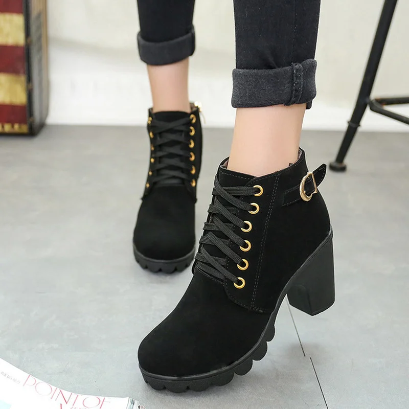 

Autumn High-heeled Single Boots Belt Buckle Women Shoes Thick with Short Boot Round Head Martin Boots Female Lacing Bare Boot