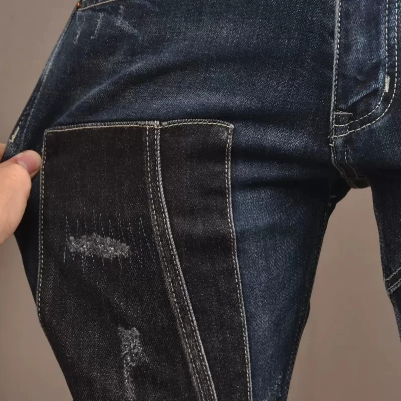 Men Blue Ripped Jeans Autumn Streetwear Black Patchwork Slim Fit Pencil Pants Korean Style Casual Denim Trousers CP2022