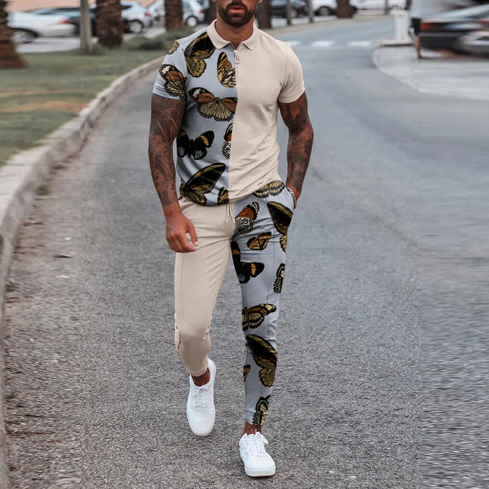 Men's Slim Fit Set Solid Color Fashion Trend Youth Casual Set Europe and America 2023 Summer Men Clothing Tracksuit Sweatpants