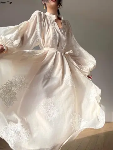 Женское винтажное платье с рукавами-фонариками, элегантное платье для выпускного вечера, французское платье со шнуровкой и вышивкой, одежда для весны и лета