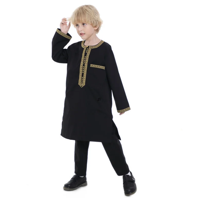 Muslim Muslim Arab Boy Thobe Children Abaya Ramadan Jubba Thobe Dress Pant Set 2 Piece Caftan Robe Kaftan Musulman Ensembles