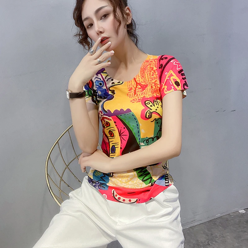 #5226 летняя футболка с принтом Tie Dye Женская винтажная Базовая круглым вырезом