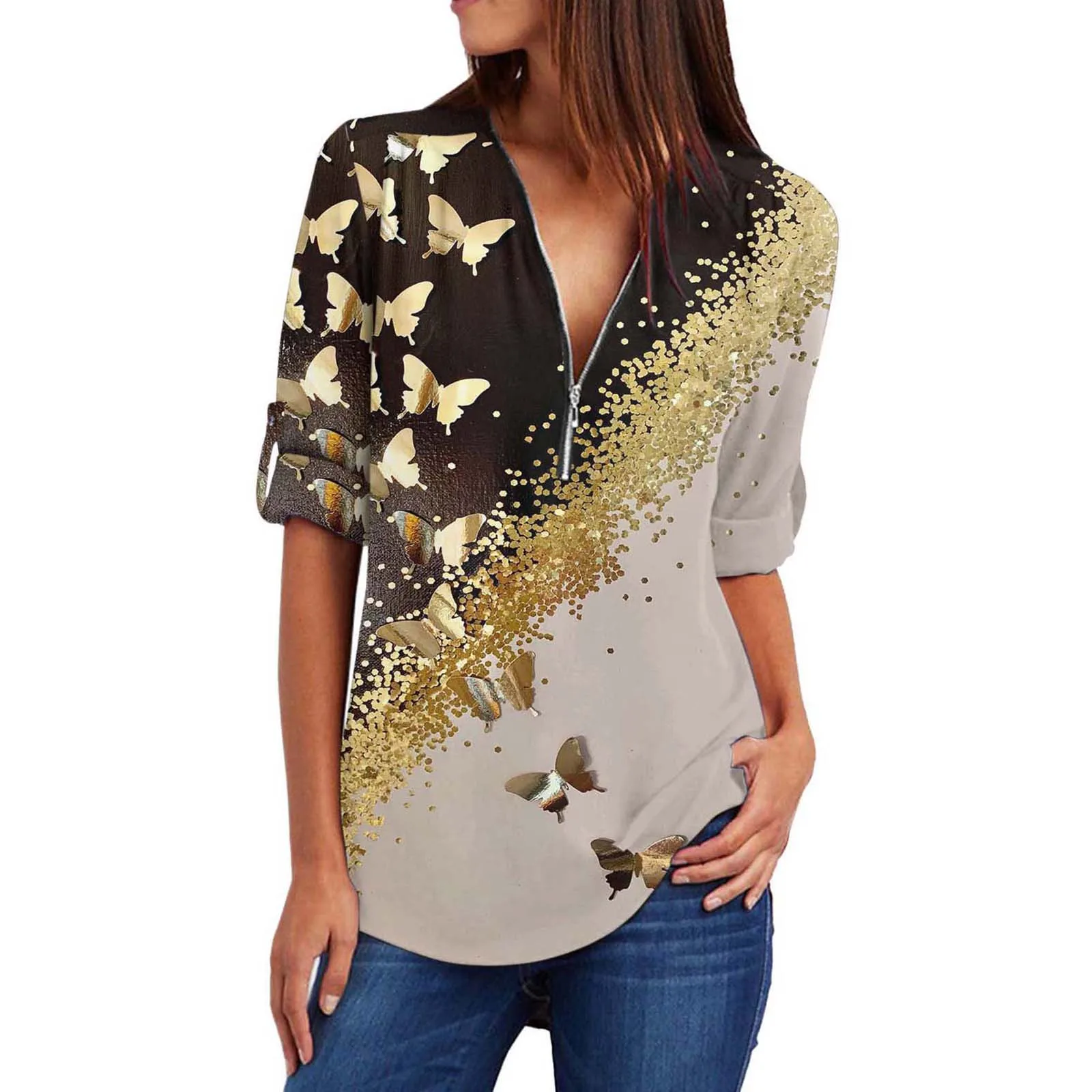 

Женские футболки с длинным рукавом, хлопковые повседневные рубашки с V-образным вырезом, женская блузка с плиссированным рукавом и принтом, ...