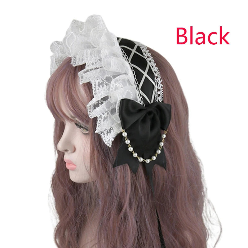 

Ruffled Lace Headpiece Headband Japanese Style Crisscross Ribbon Pearls Maid Headdress Vintage Lolita Dress Accessories for girl