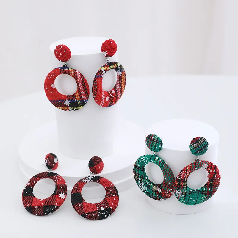 

Korean Fashion Christmas Earrings Geometric Lattice Fabric Round Personality Drop Dangle Earrings Xmas Party Jewelry Gift