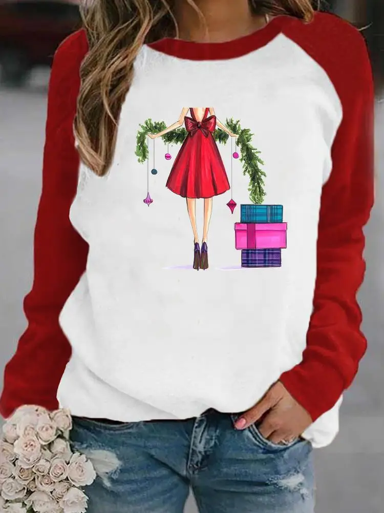 

Merry Christmas Women Gift Watercolor Happy New Year Tops Clothes Tees Fashion Lady Long Sleeve Female Tshirt Graphic T-Shirt