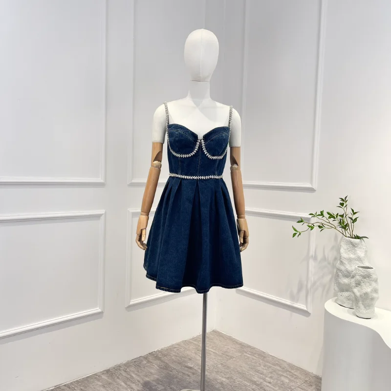 

Summer New Collection 2023 Women Fashion Blue Slim Spaghetti Strap Sleeveless Knee-length Denim Dresses