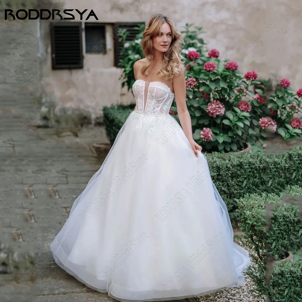 

RODDRSYA Elegant Wedding Dresses For Woman Strapless Zipper Back Sleeveless Bride Gowns Tulle A-Line Applique Vestidos De Novia