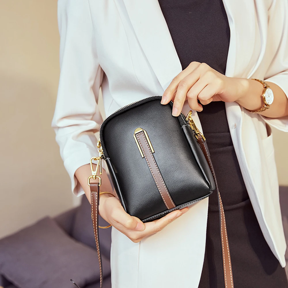 

Genuine Leather Mobile Phone Bag With Earphone Hole Woman Adjustable Strap Double Zipper Crossbody Bag Casual Small Phone Purse