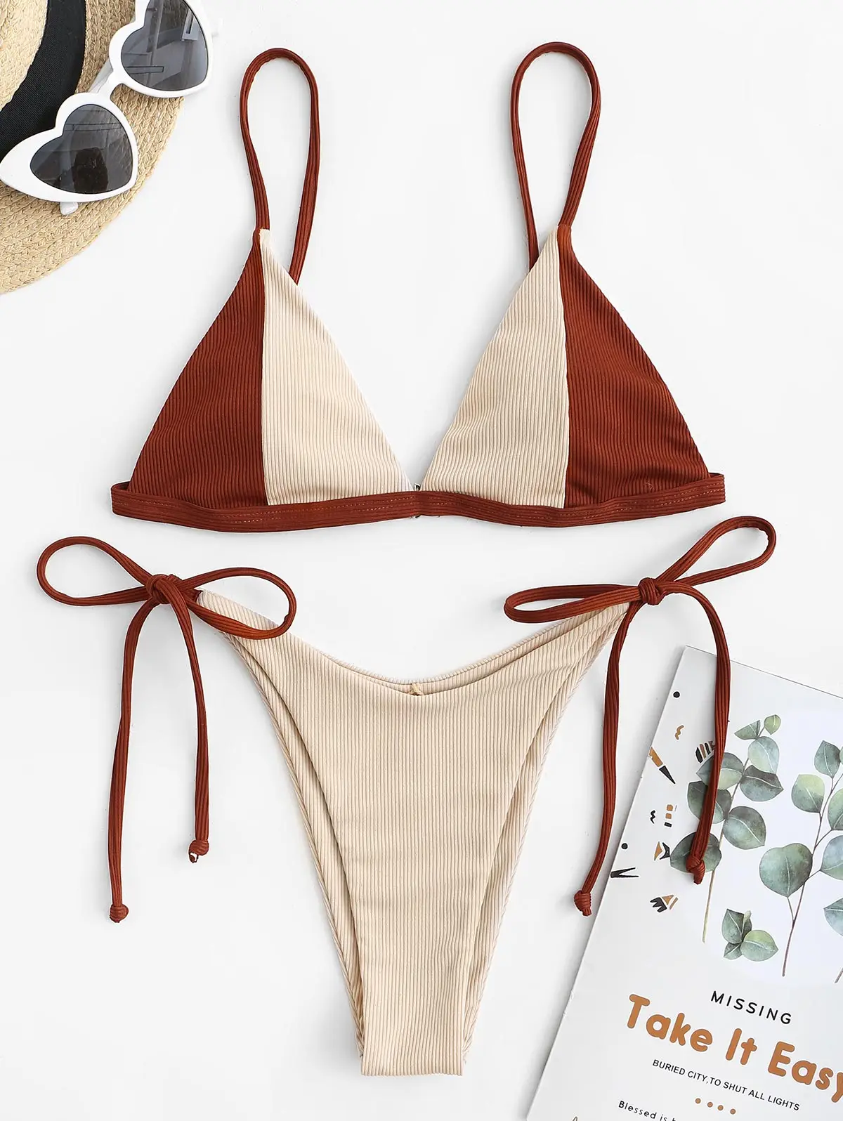 

ZAFUL Ribbed Two Tone Tie Side Bikini Swimwear