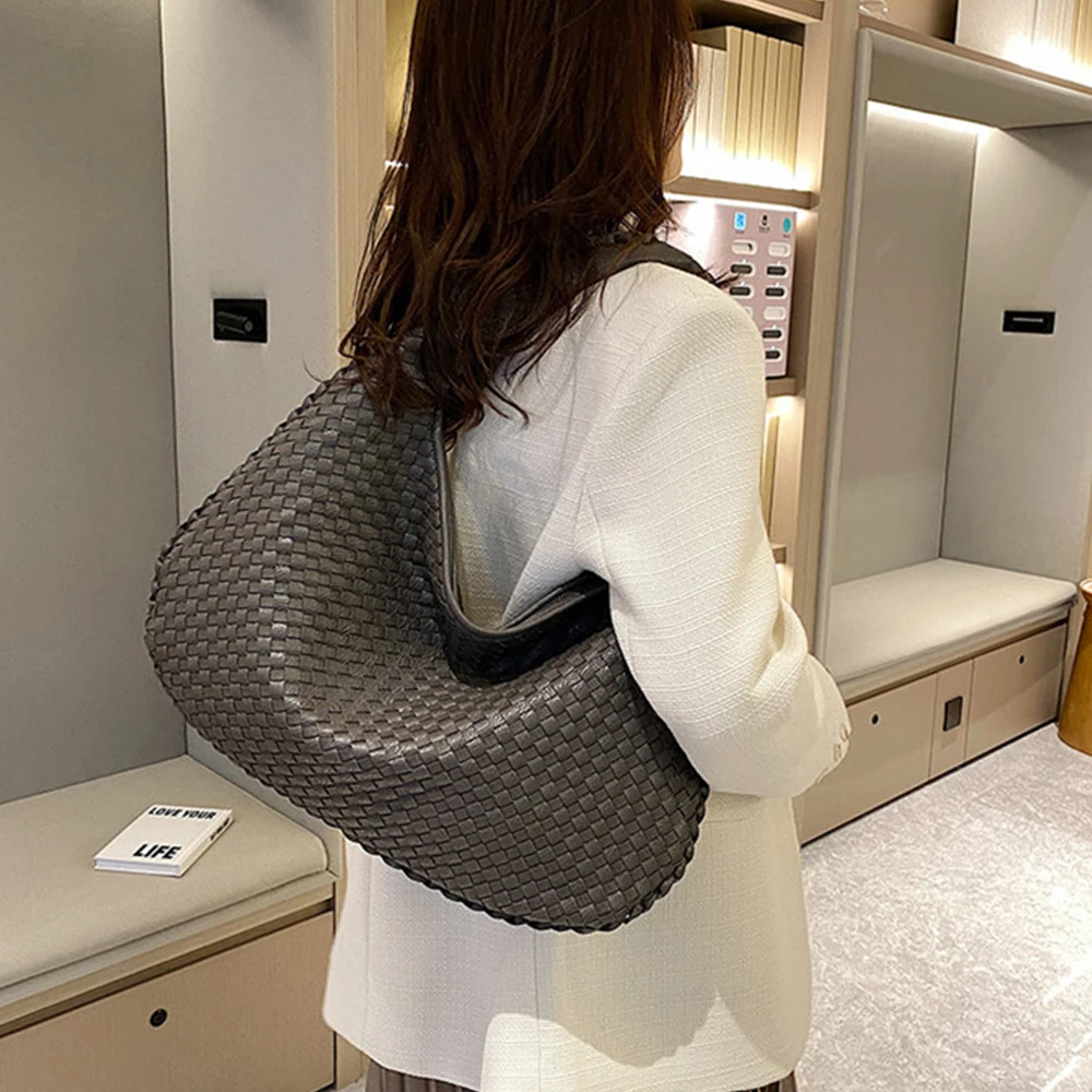 FIWIUU Woven Hobo Women Top-handle Shoulder Bags Knitting Large Capacity Shopping Dumplings Bag Casual Underarm Handbags Purses