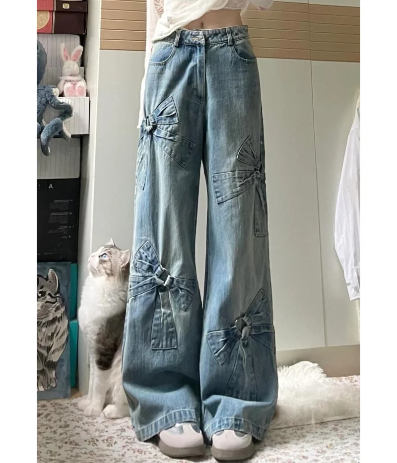 Американские винтажные широкие джинсы с бантом прямые высокой талией для женщин