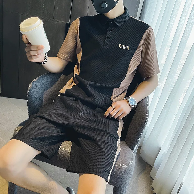 2023Man Summer Fashion  Button Polo Shirt+ Shorts 2 Sets Men's Business Casual Streetwear  Breathable Patchwork  Tracksuit Suit