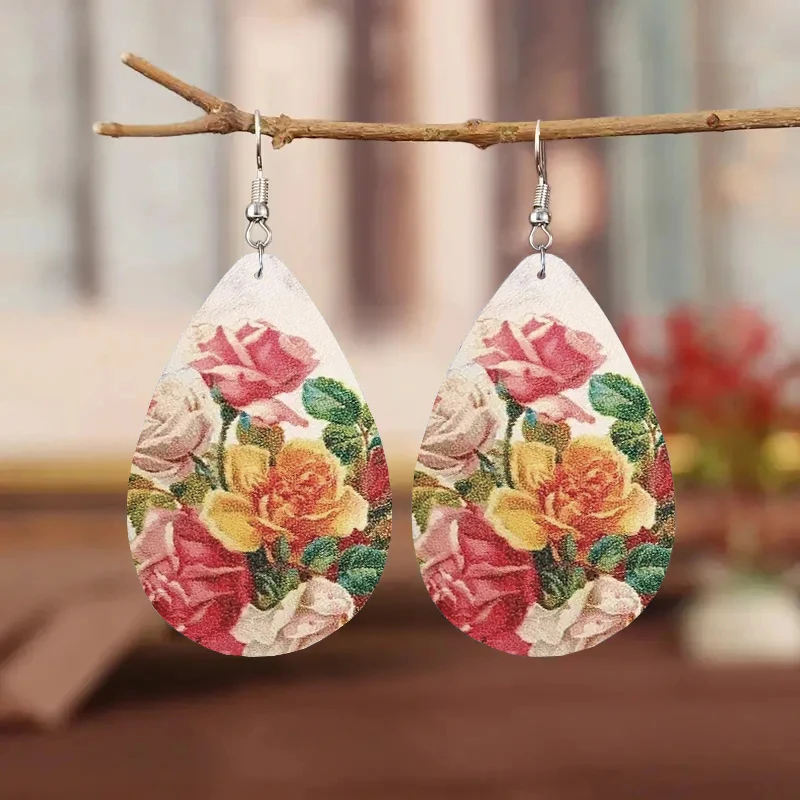 

1Pair Bohemian Fashion Style PU Leather Droplet Earrings Flower Print Men's and Women's Daily Wear Ear Jewelry Creative Personal