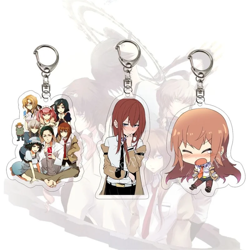 

Steins Gate Anime Key Chain Women Makise Kurisu Okabe Rintarou Keychain Man Acrylic Key Ring Pendant Cute Key Holder Ornament