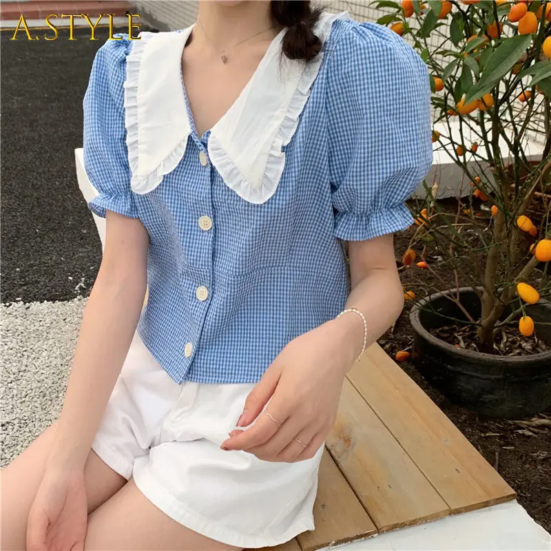 

Shirts Women Puff Sleeves Kawaii Simple Plaid Summer Girlish Peter Pan Collar College Casual Korean Style All Match Trendy Ins