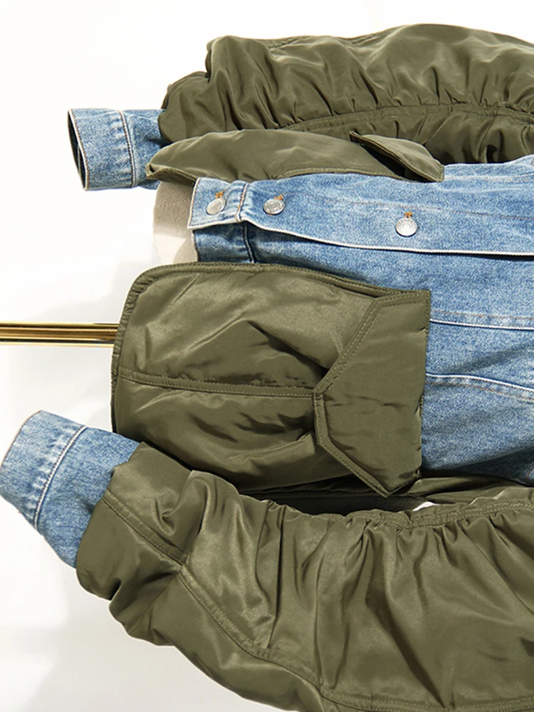 [EAM] свободная Зеленая джинсовая плиссированная куртка большого размера Новое