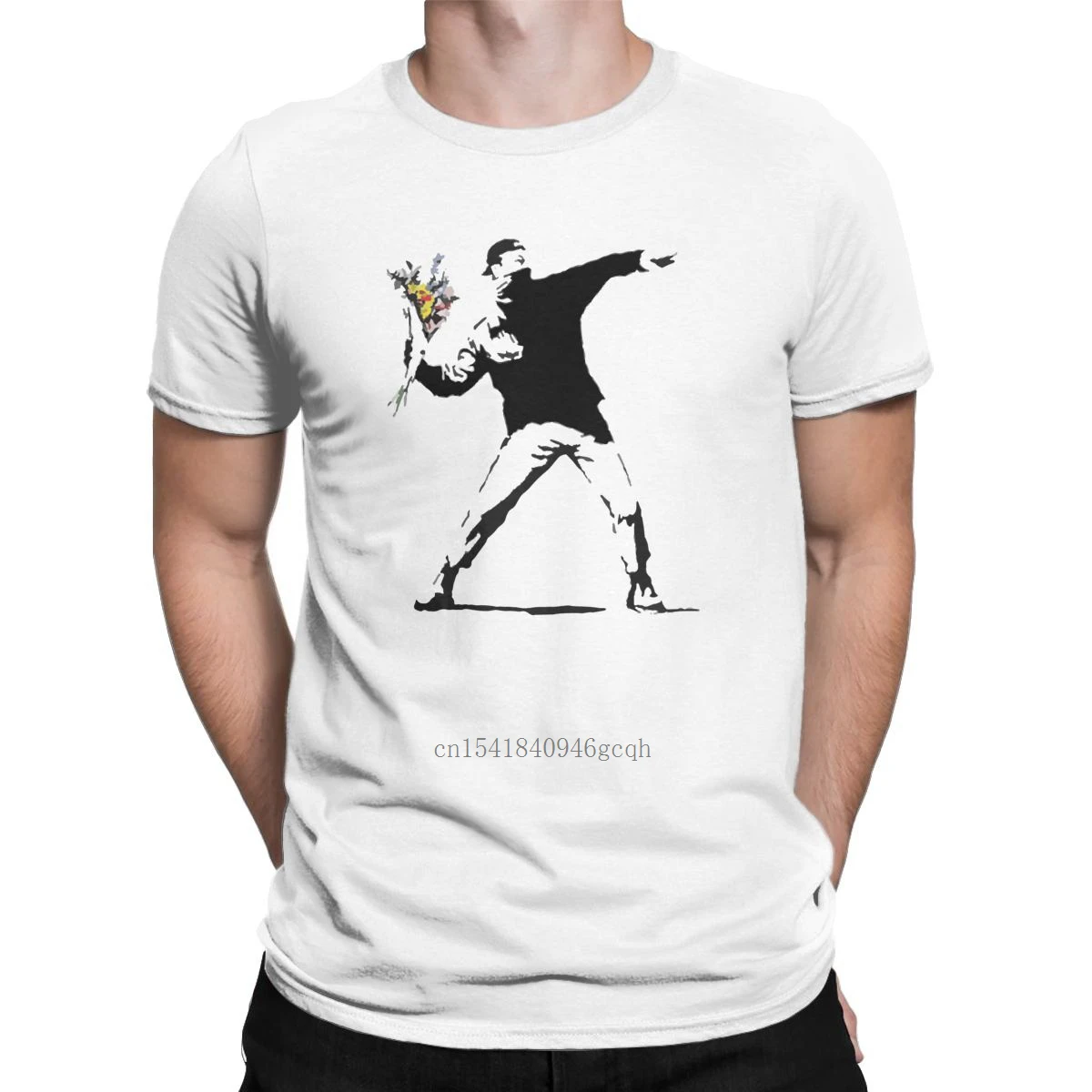 

Funny Rage Flower Bomber Stencil Banksy T-Shirts for Men Round Neck Cotton T Shirts Street Art Tees Plus Size Clothing