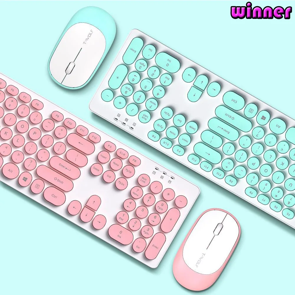 

104 Key Thunderwolf TF770 Wireless Keyboard and Mouse Set Vintage Punk Pink Female Office Keyboard and Mouse Mute Wholesale