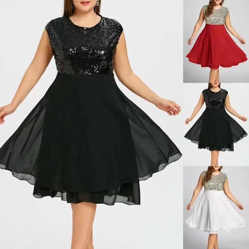 Plus Size 5XL Women's Cothing Summer Sexy Fashion Chiffon Sequin Shiny Party Princess Dress Patchwork Layerd Sleeveless Sundress