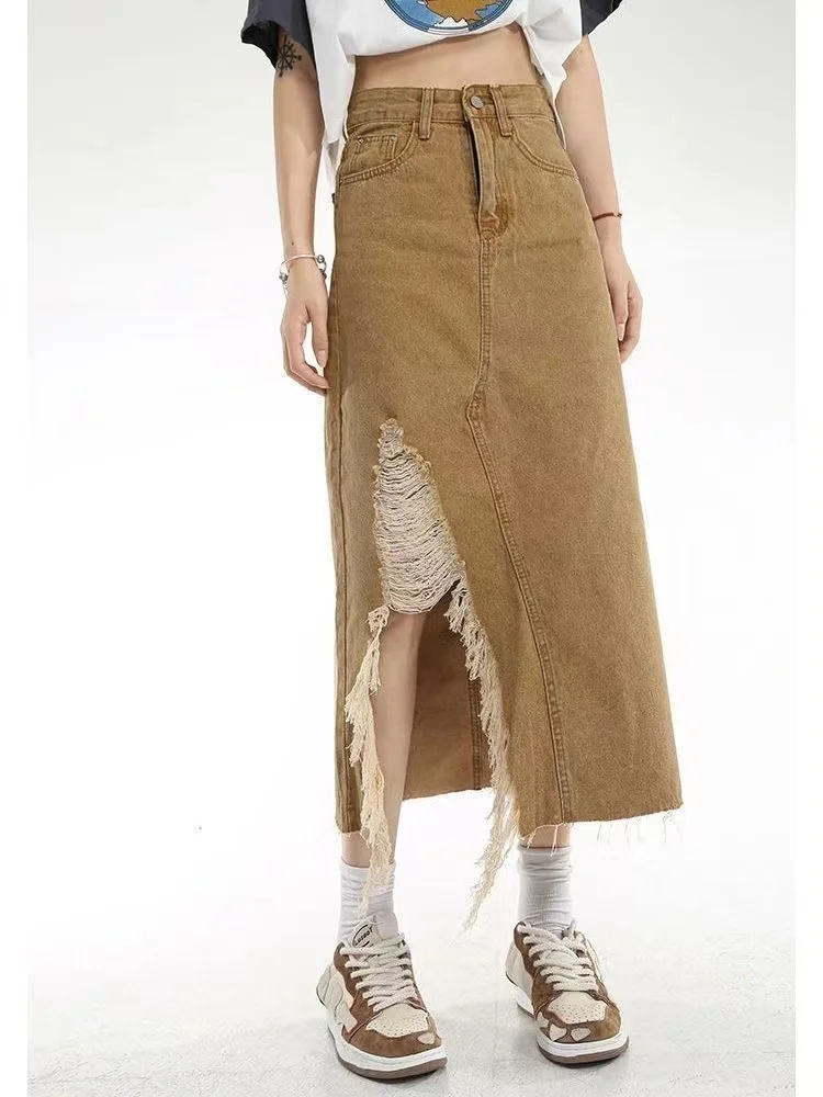 

Women Long Denim Skirt Hollow Out Fashion High waist Midi Long Skirt Lady Split Loose A-Line Jeans Skirts Button Caual 2023