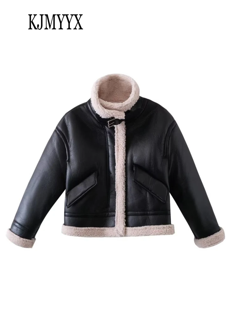 

KJMYYX Fashion Women Thick Warm Faux Leather Shearling Jacket Coat Autumn Winter Vintage Flap Pockets Female Outerwear Chic Tops