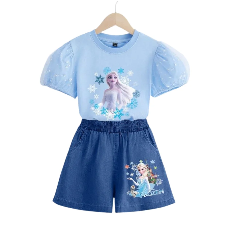 

Frozen cartoon Princess Elsa girl kawaii short-sleeved cute T-shirt children's summer new top personality suit holiday gift