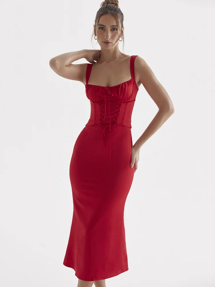 

Hot dress,Elegant Spaghetti Strap Backless Midi Dress Women Robe New Sleeveless Lace-up Bodycon Party Long Dress Vestido