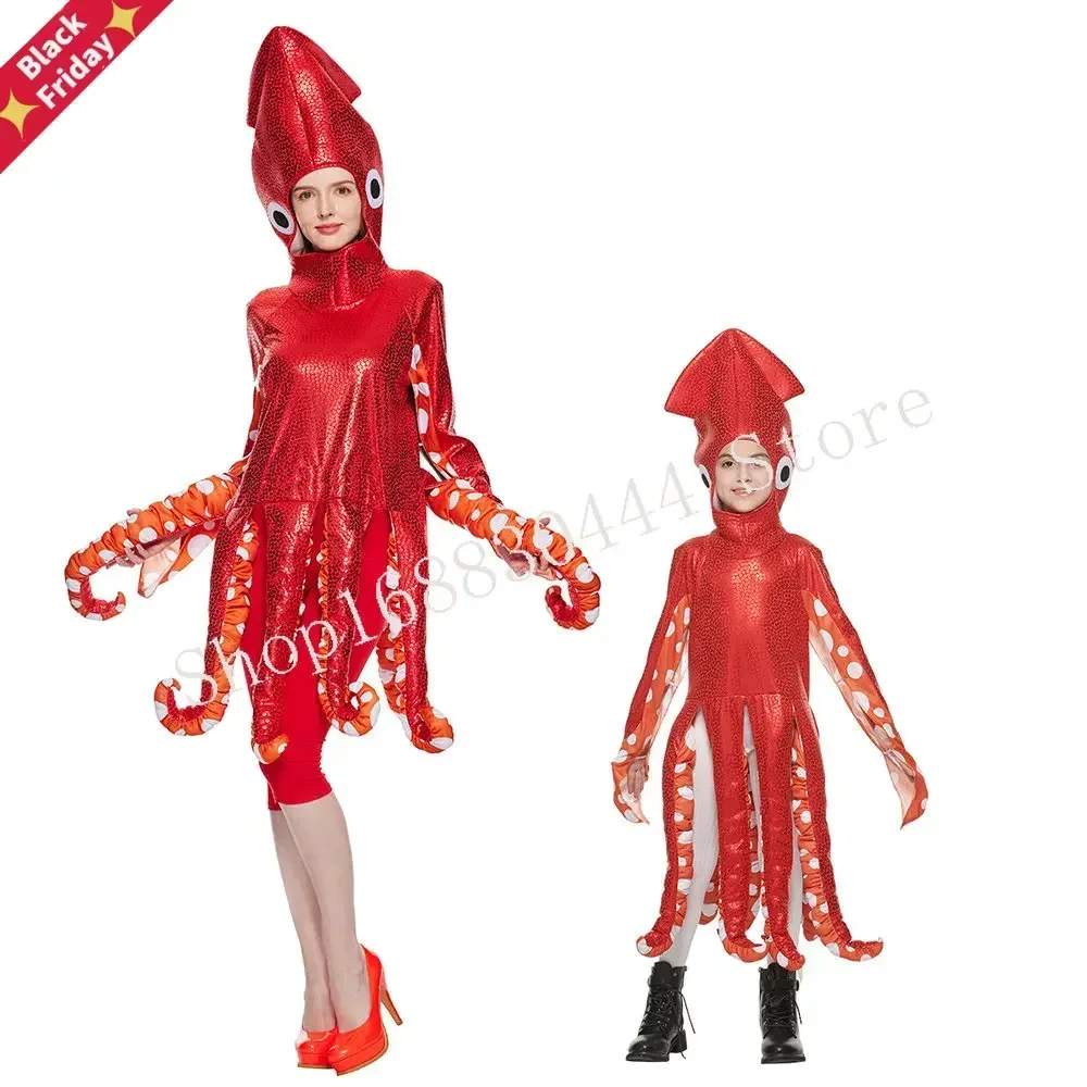 Забавный семейный костюм кальмара красные комбинезоны из губки осьминога для