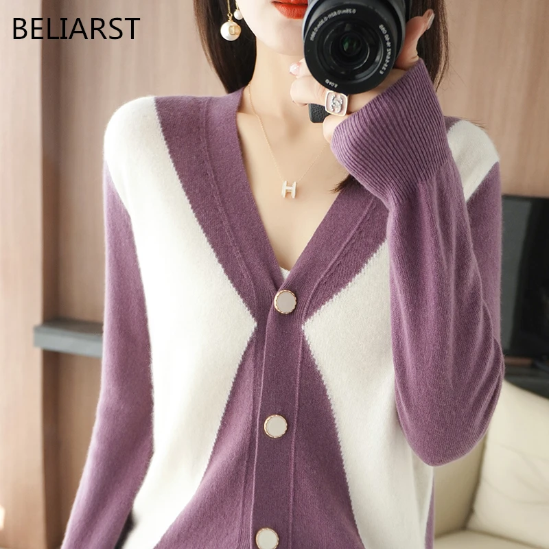 

BELIARST 100% Merino Wool Women's V-Neck Cardigan Casual Fashion Contrast Top Spring/Autumn New Cashmere Sweater Two Tone Ja