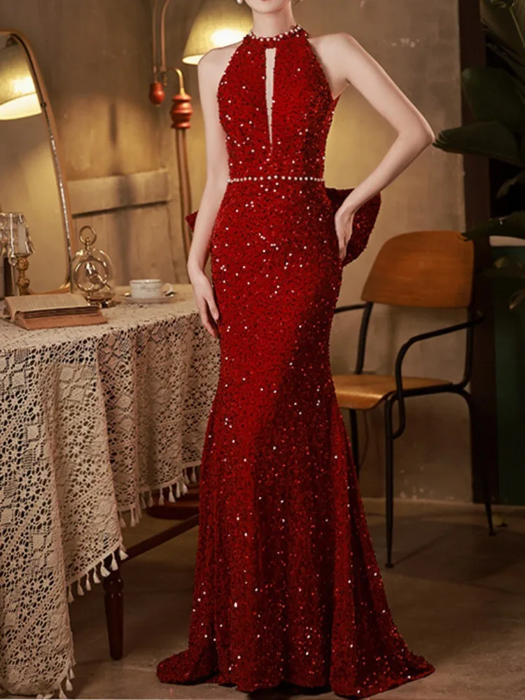 

Temperament Sequined Slim Waist Hanging Neck Wedding Party Dress Shoulder Strapless Backless Prom Robe Big Bow Evening Dresses